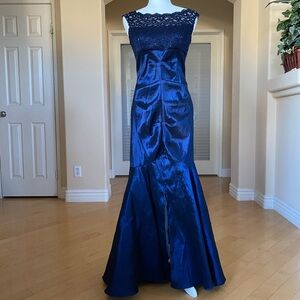 R & M Richards Blue Ruched Stretchy Maxi Gown for Special Occasions